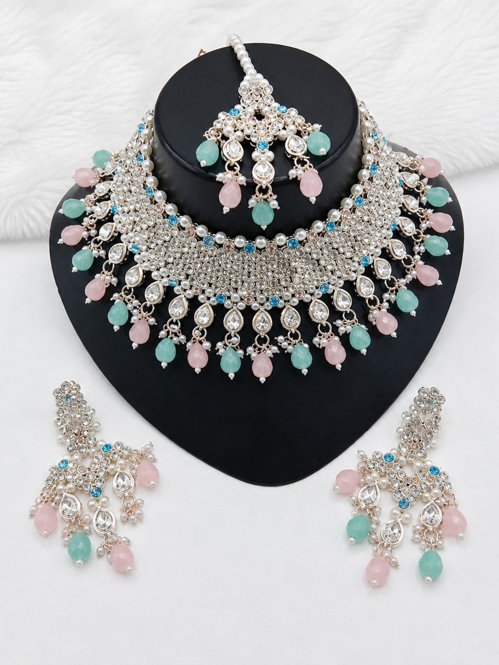 Sterling-Style Pastel Crystal Choker Necklace Set with Earrings